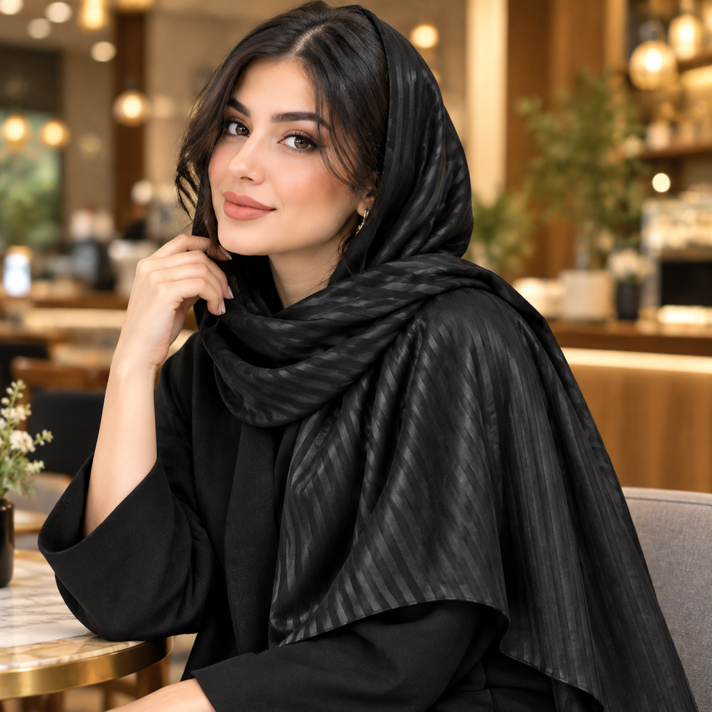 شال مجلسی مشکی حریر راه راه