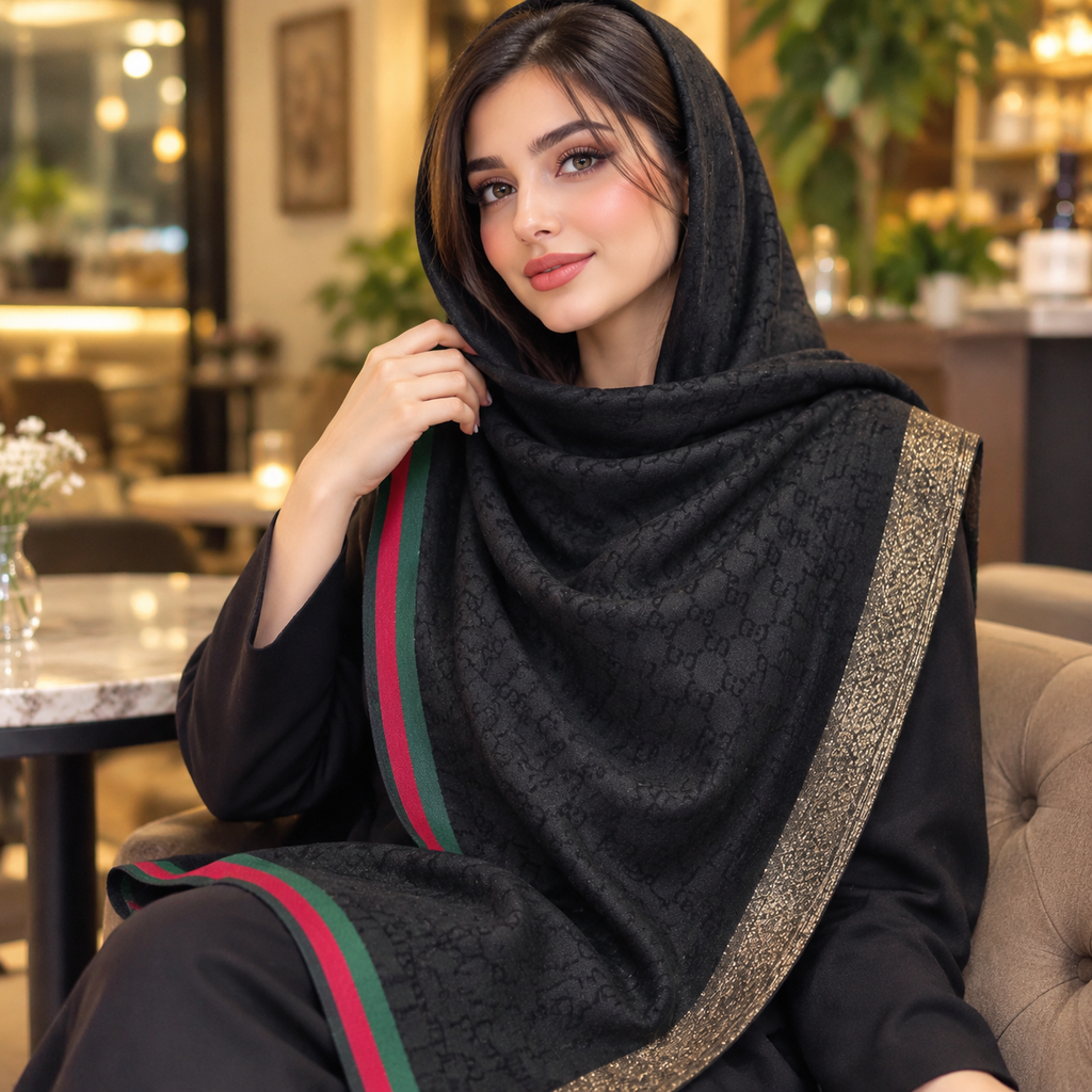 شال مشکی مجلسی لبه پلنگی طرحدار
