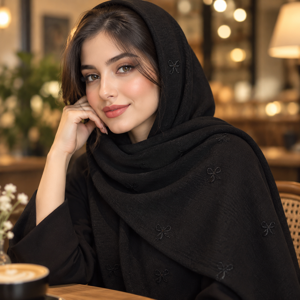شال دخترانه مشکی پاپیون گلدوزی