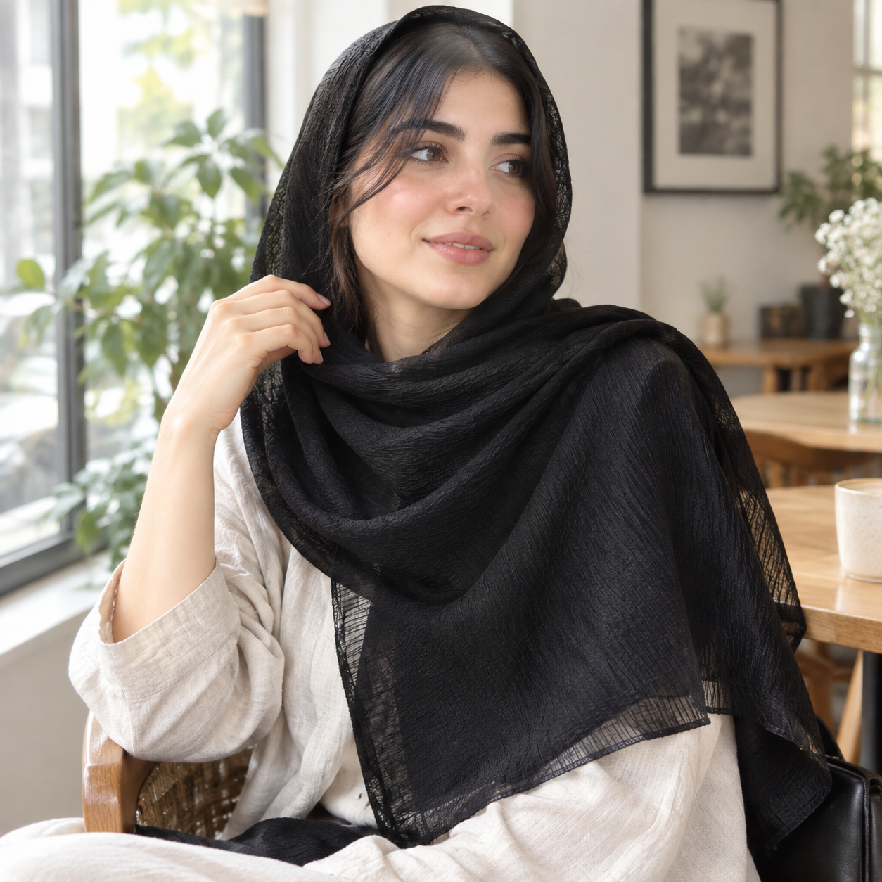 شال مشکی دخترانه ساده طرح درختی کریشه