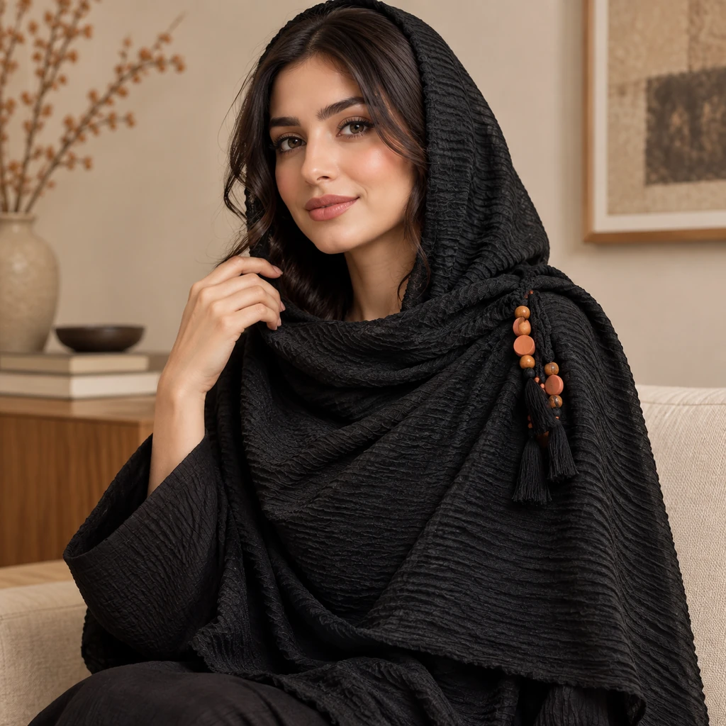 شال مشکی دخترانه پلیسه پفکی منگوله دار
