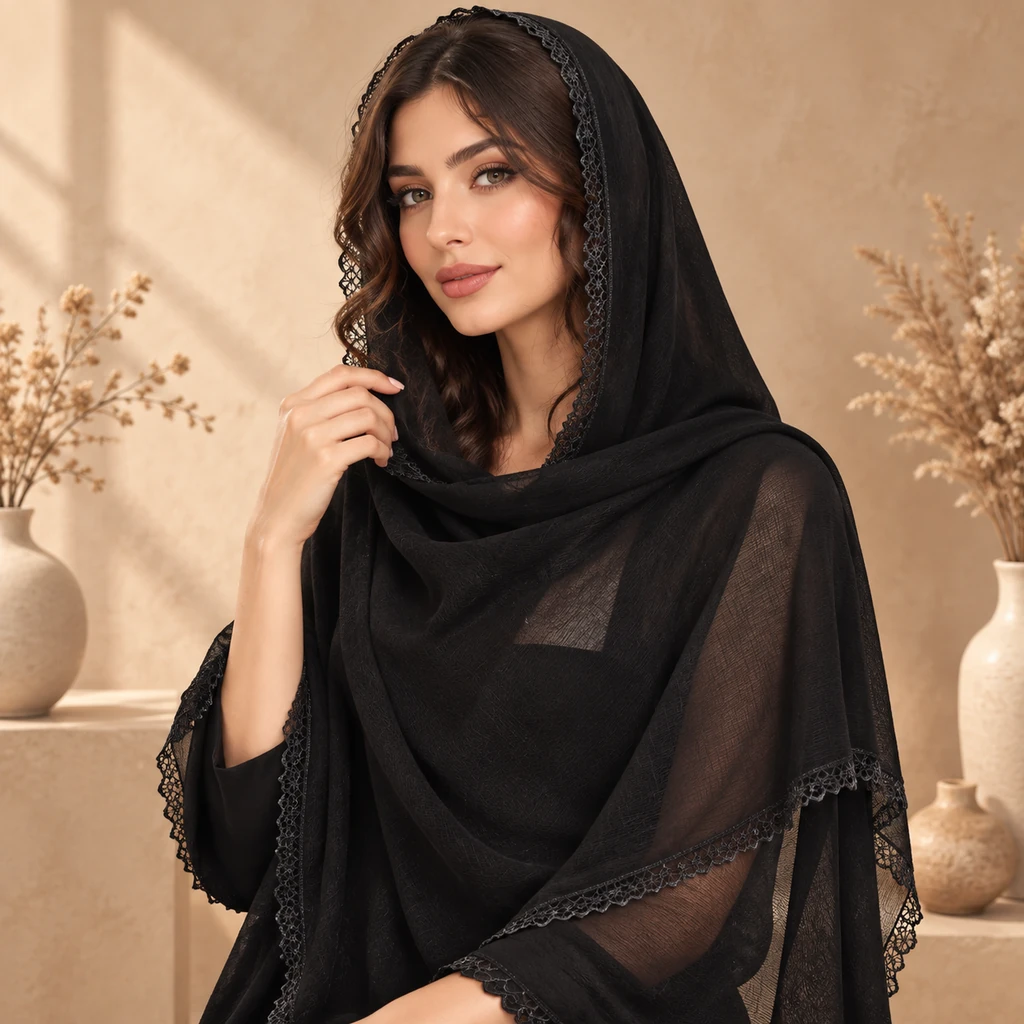 شال مشکی ساده دخترانه دور تور گیپور