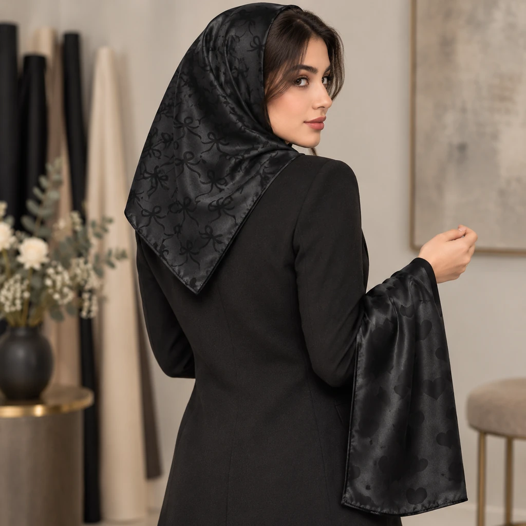 مینی اسکارف ساتن مشکی طرحدار  دخترانه