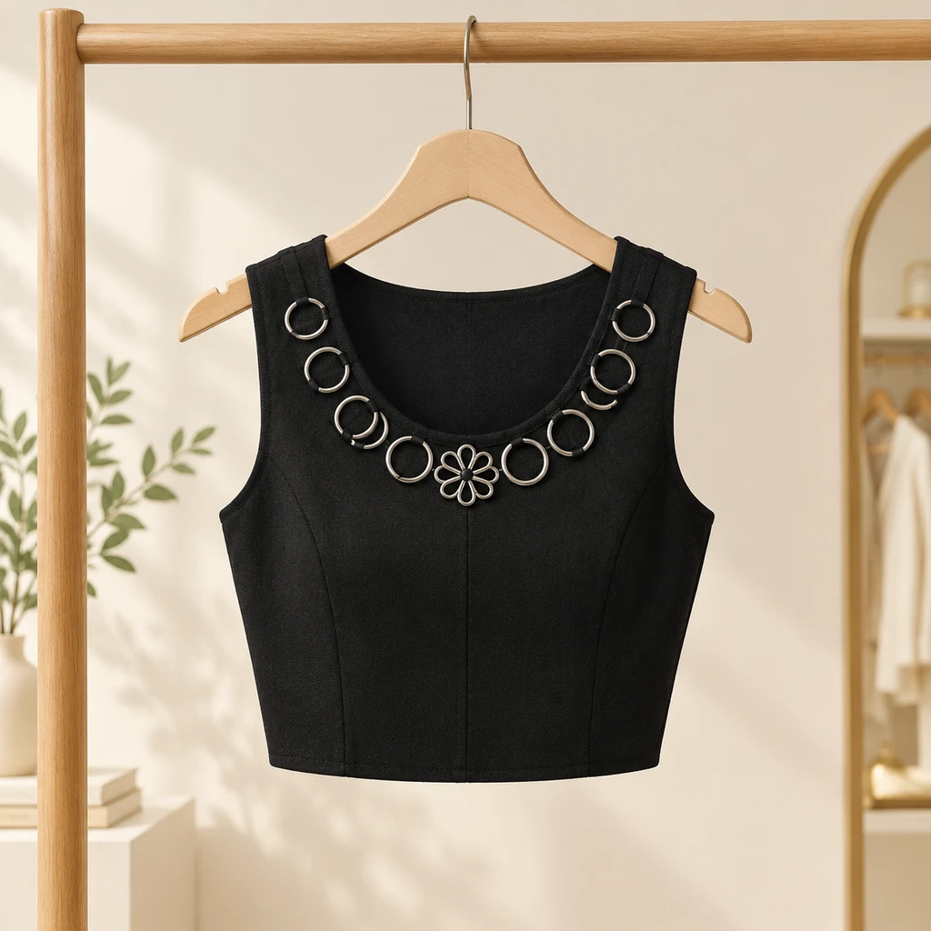 کراپ دخترانه آستین حلقه ای مجلسی سگکک گلدار مشکی